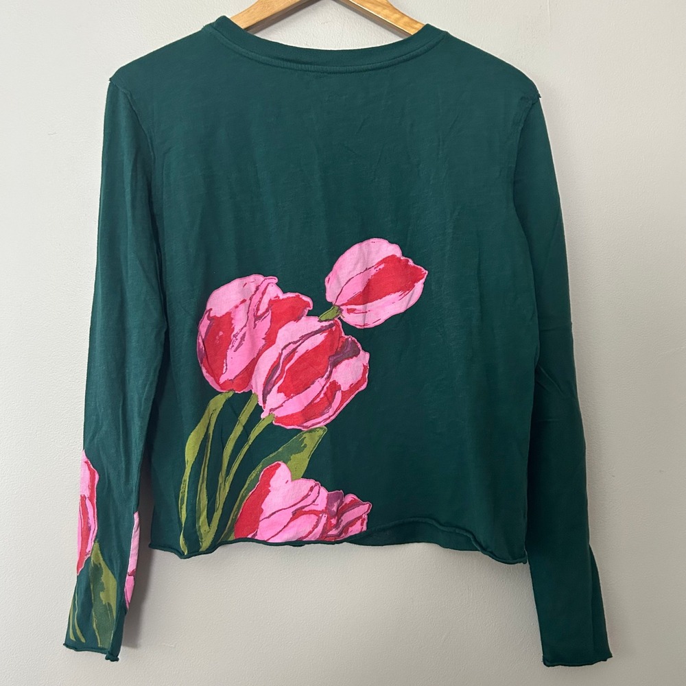 Maeve Caitlin Boxy Tee Women Medium Green Pink Floral Tulip Long Sleeve Raw Hem - Picture 2 of 6